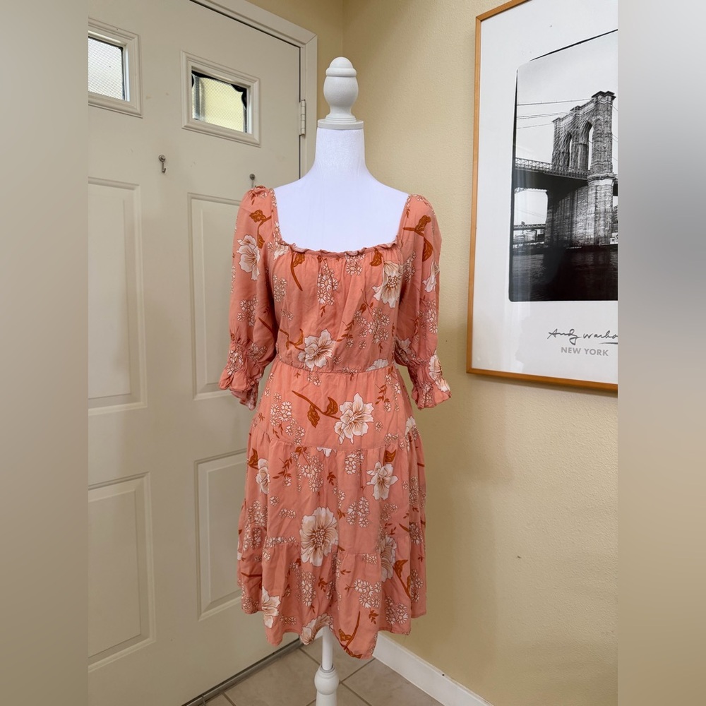 Haven Hearts Coral Floral Square-Neck Tiered Smocked Back Midi Dress Large